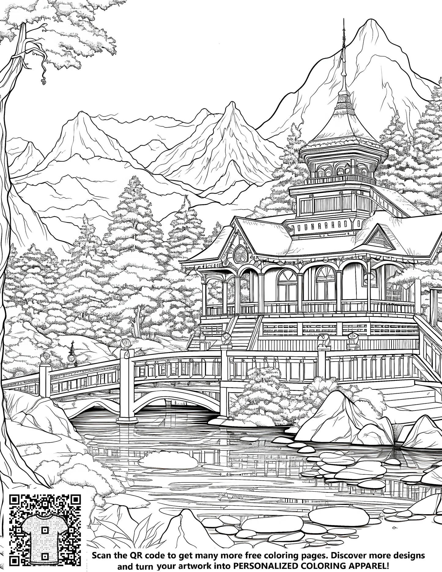 Detailed drawing of a mountain temple with bridge over river, surrounded by trees and mountains