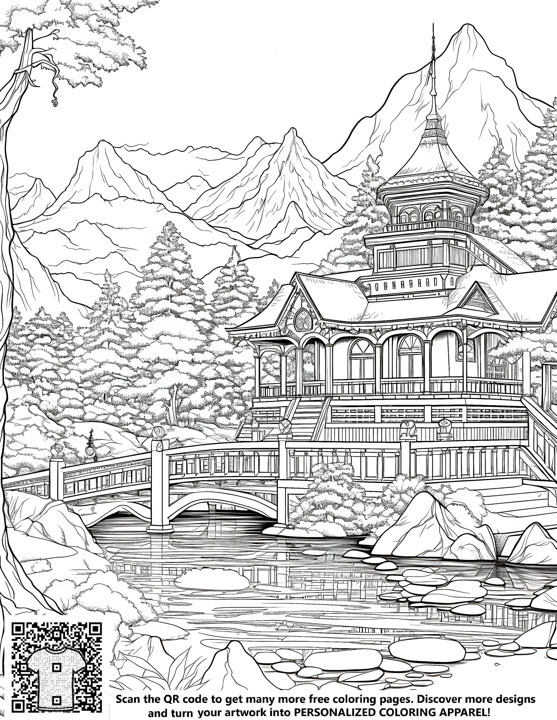 Detailed drawing of a mountain temple with bridge over river, surrounded by trees and mountains