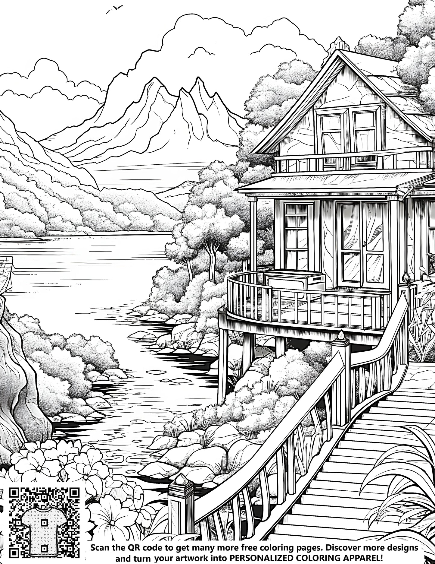 Coloring page of a mountain landscape with house, free art print