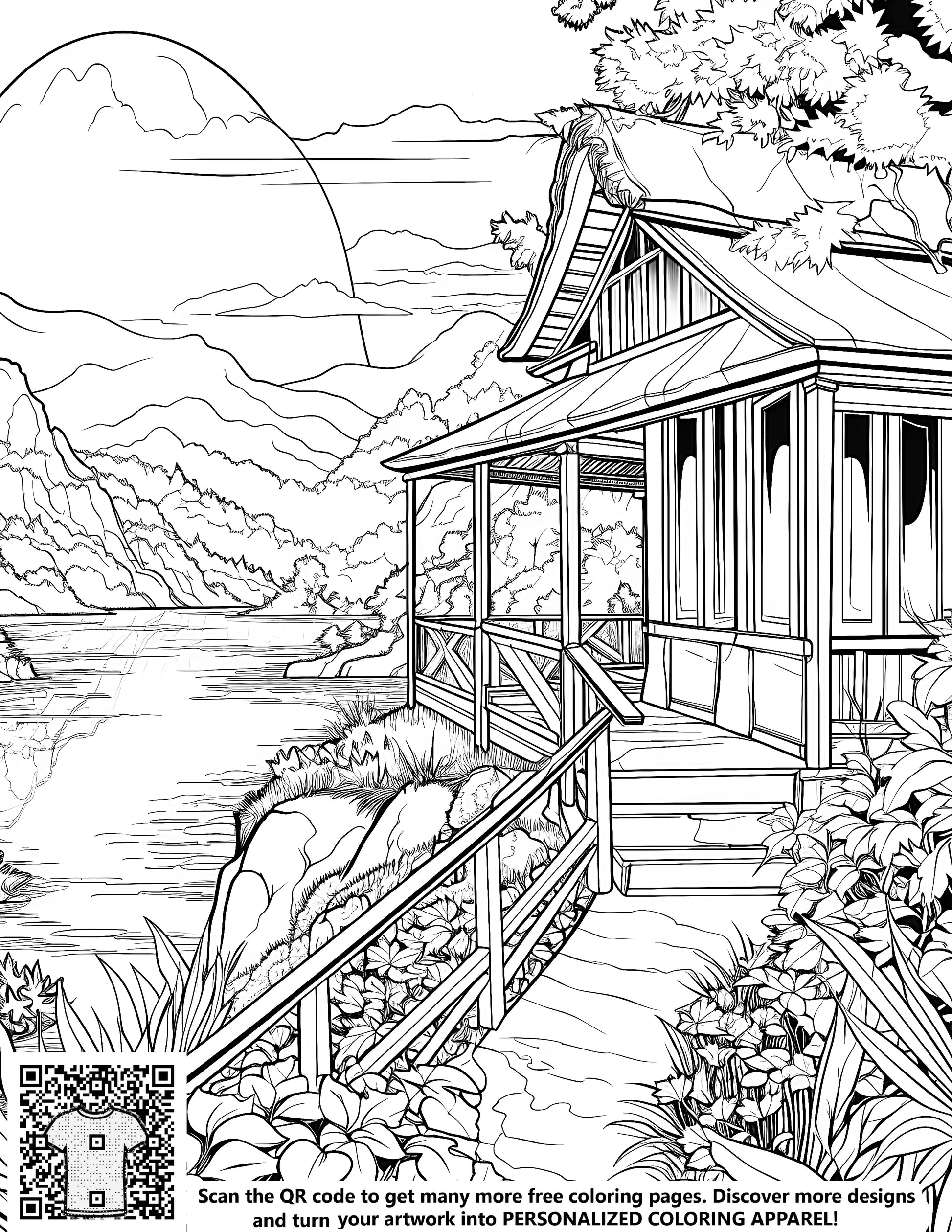 Detailed black and white line art of a wooden house near a tranquil lake scene, surrounded by mountains and lush plants. A free coloring page with a beautiful natural landscape design