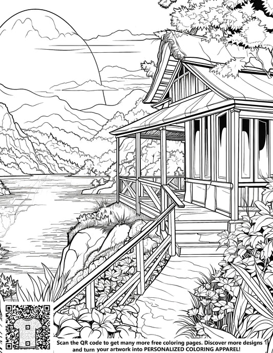 FREE Coloring Page: Tranquil Lake Wooden House with Mountains and Lush Plants - Download NOW