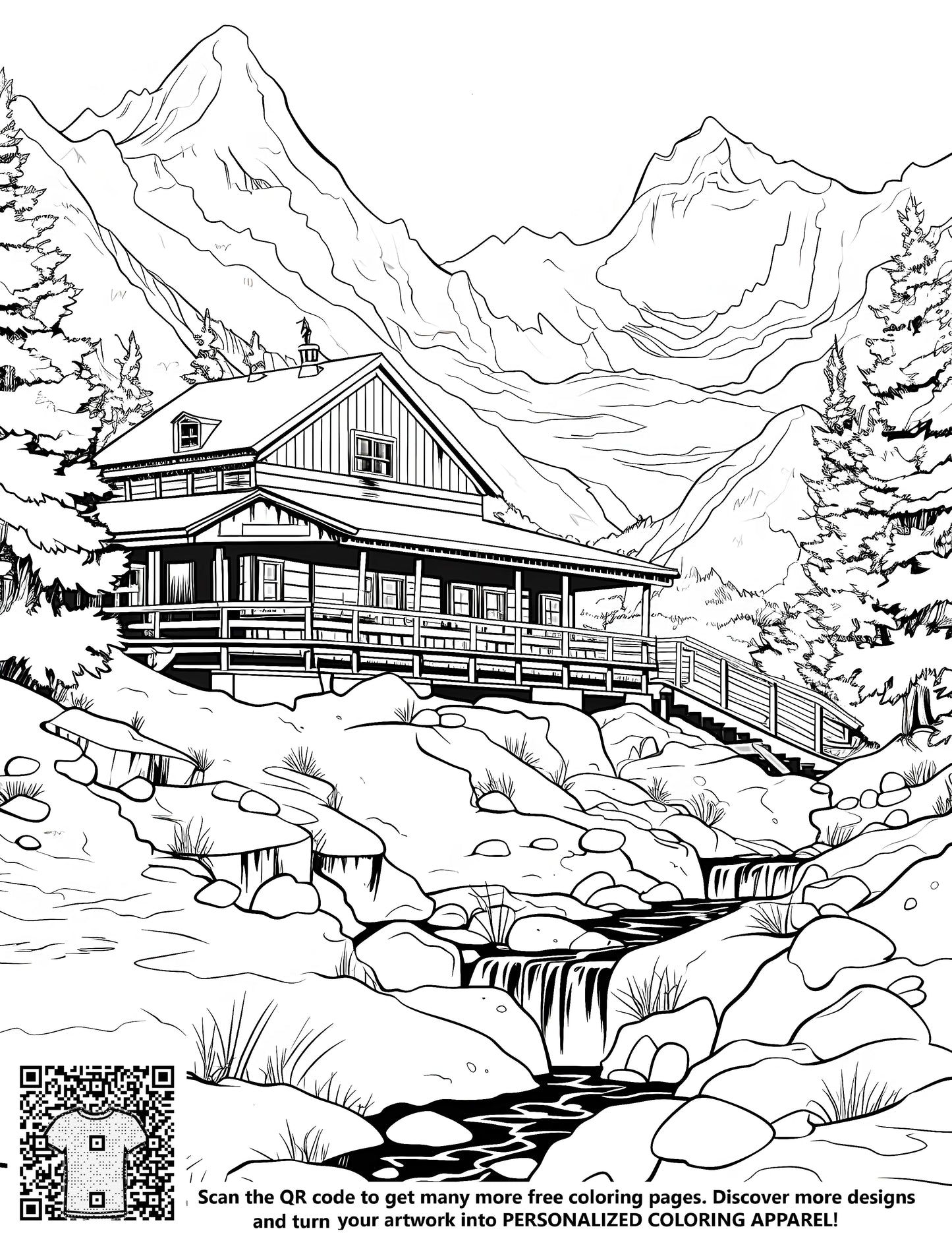 A free coloring page featuring a cozy cabin scene with a mountain landscape, stream, and surrounding trees. Perfect for coloring enthusiasts who love nature and scenic designs like log cabins, chalets, or woodland scenes.