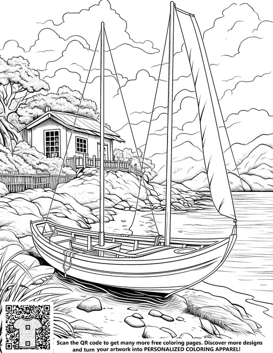 FREE Coloring Page - House by the River with Sailboat and Nature - Printable Download