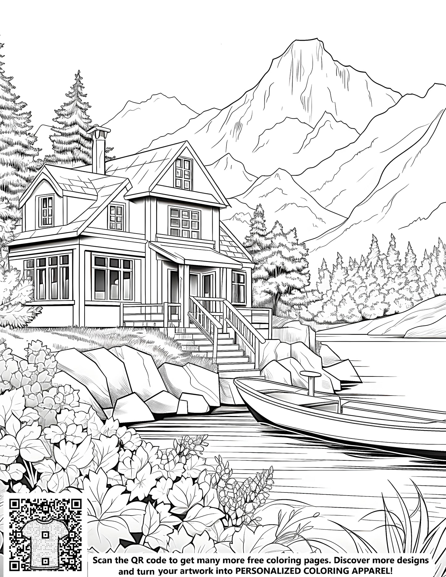 Detailed free coloring page featuring a mountain house by a lake, surrounded by flowers and trees, with a serene landscape in the background
