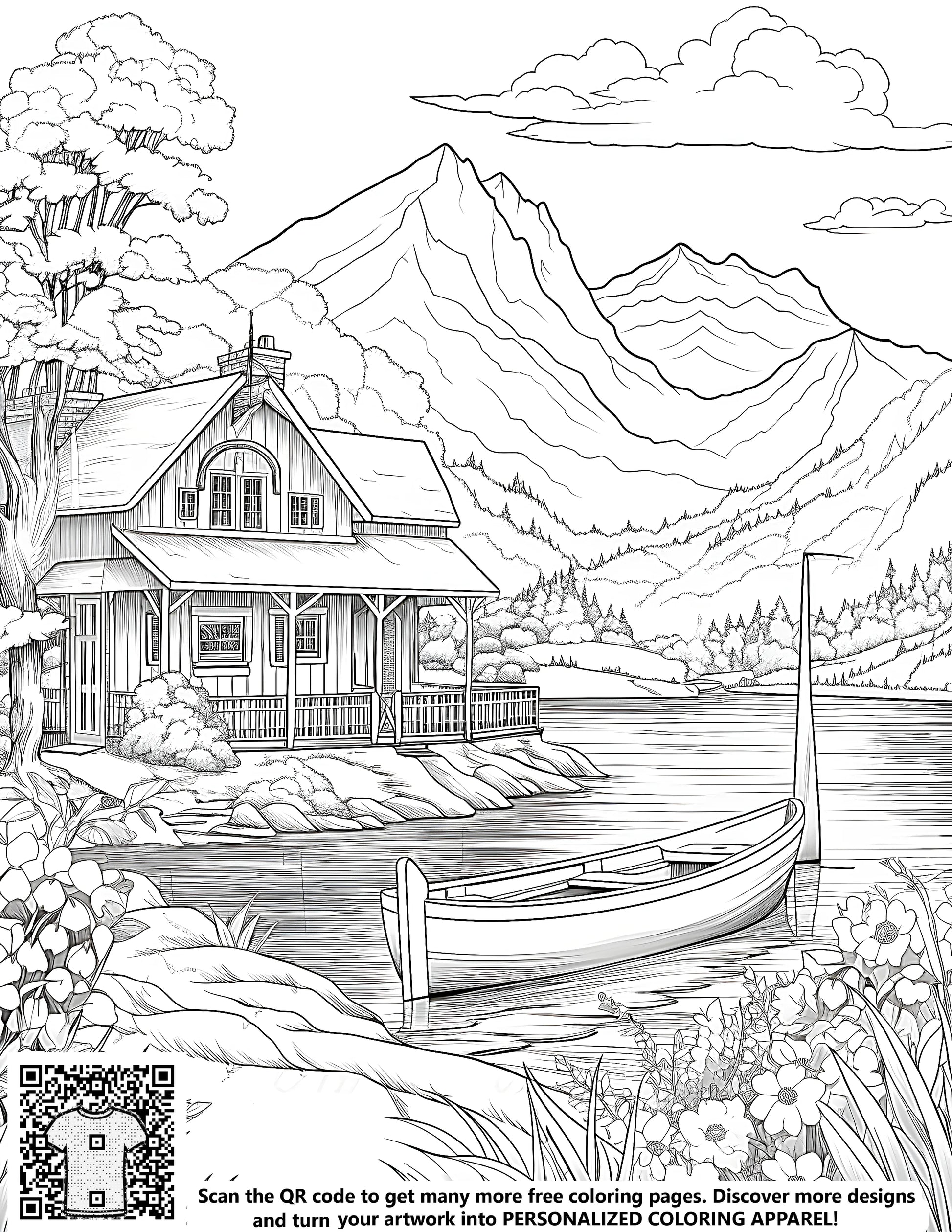 A peaceful landscape coloring page with a serene lakeside cabin, a boat on the water, and vibrant flowers in the foreground.
