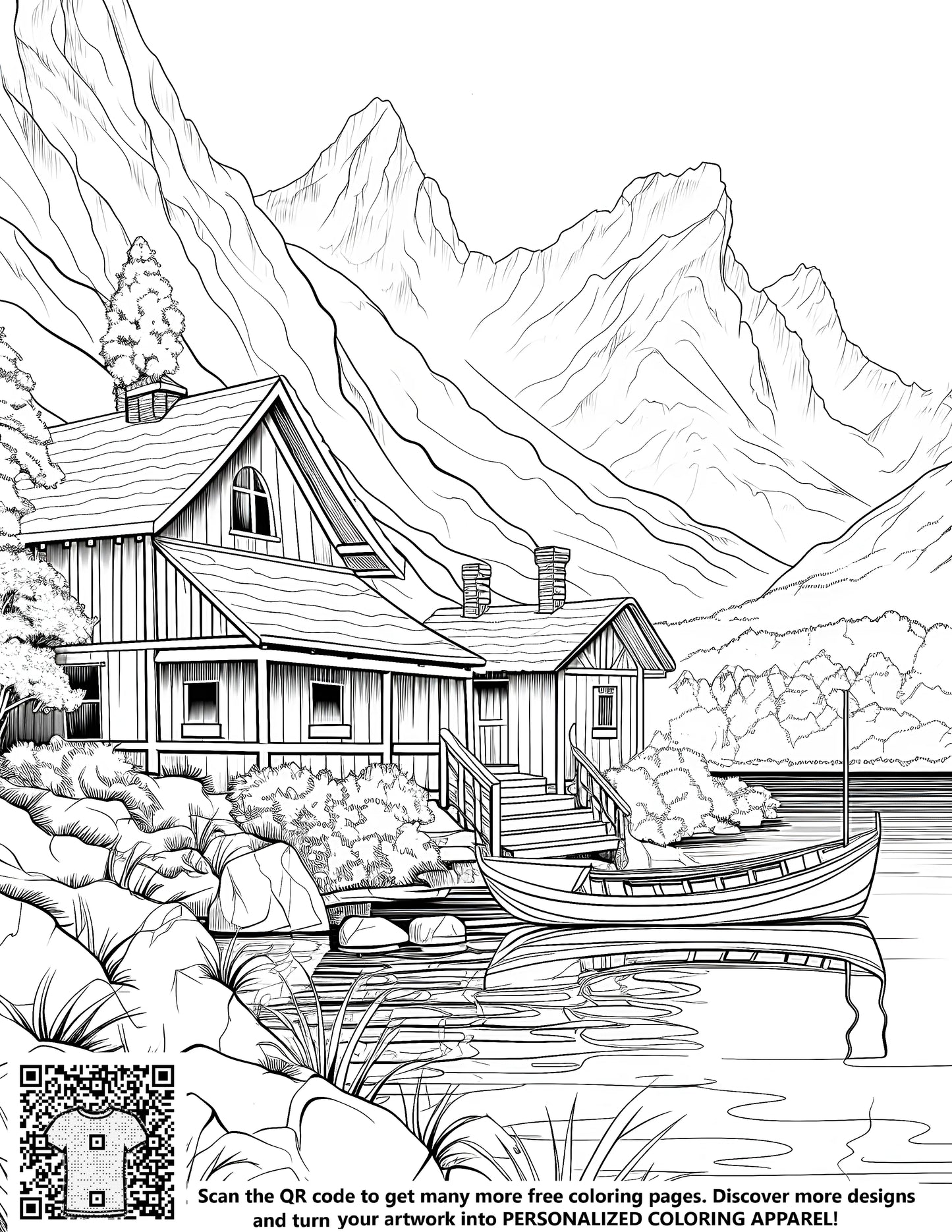 FREE Mountain Cabin by the Lake Coloring Page - Download NOW