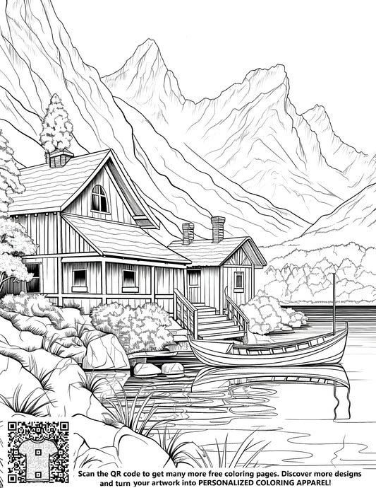 FREE Mountain Cabin by the Lake Coloring Page - Download NOW