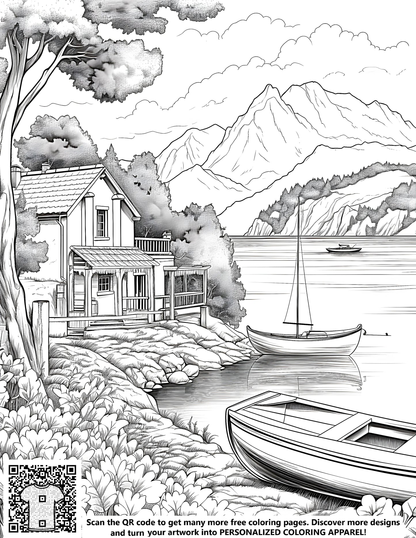A serene lakeside scene with boats, trees, flowers and mountains - coloring page