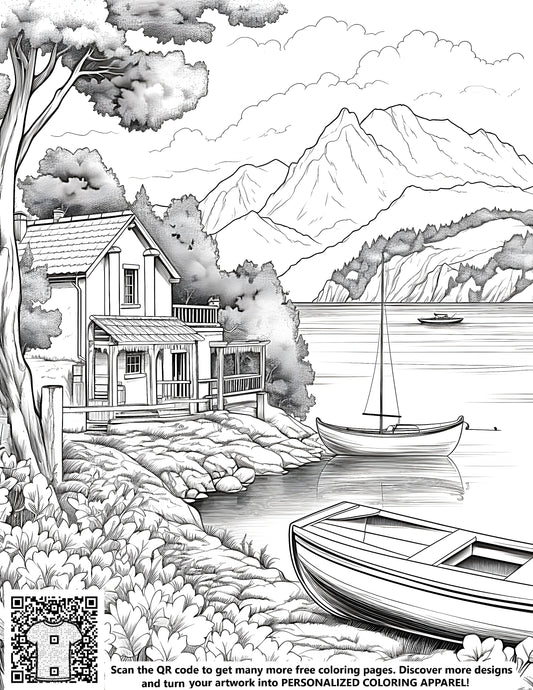 FREE Lakeside Cabin Coloring Page - Printable Serene Nature Scene Download