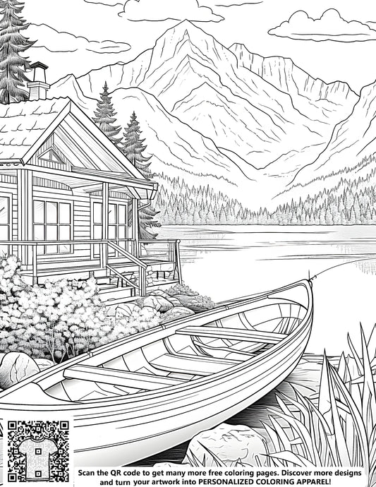 FREE Lakeside Cabin Coloring Page - Printable Nature Scene Download