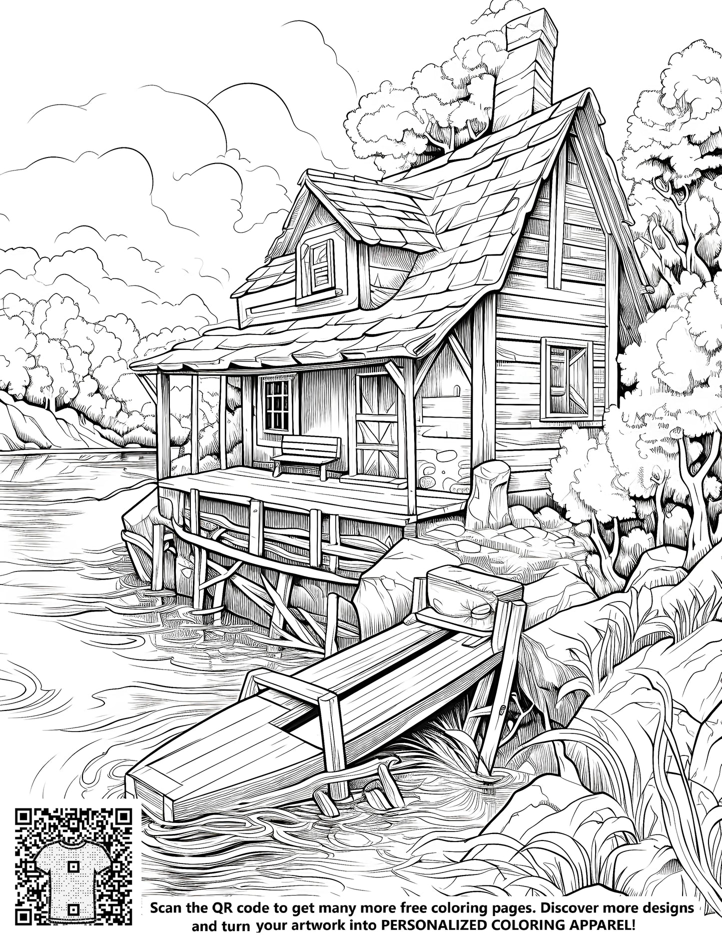 Coloring page of a lake cabin with dock, boat, and surrounding trees for adults