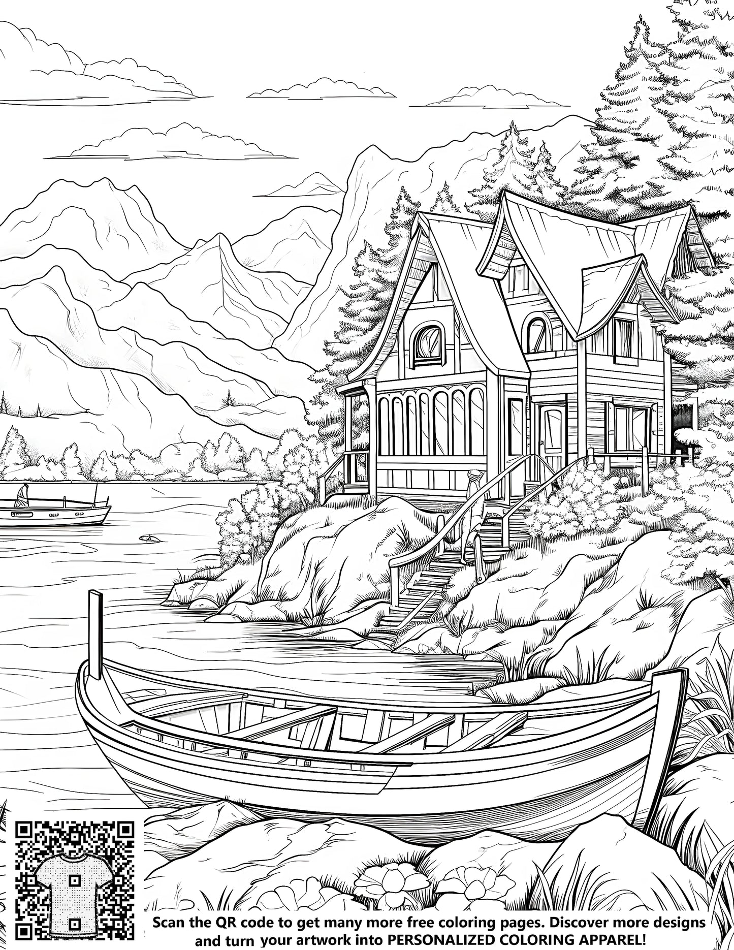 Serene Lakeside Cabin Illustration - Detailed Line Drawing of Boat near Mountain Lakehouse