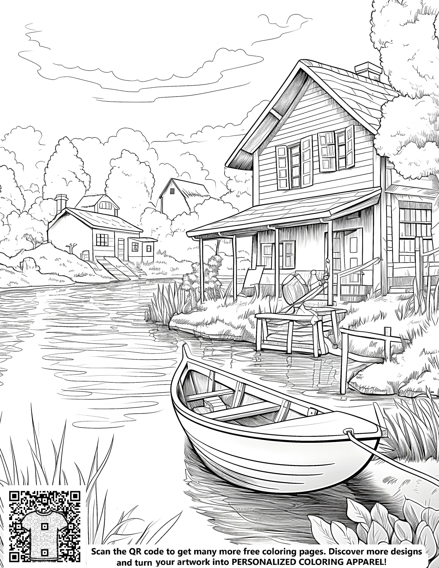 A serene riverside scene featuring a house, a boat tied to a dock, and surrounding nature in a black and white line drawing. Free coloring page included with this kit.