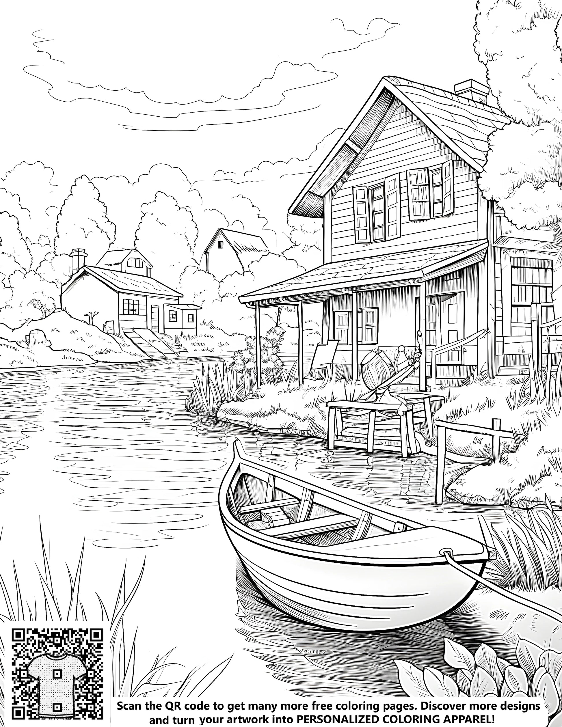 A serene riverside scene featuring a house, a boat tied to a dock, and surrounding nature in a black and white line drawing. Free coloring page included with this kit.
