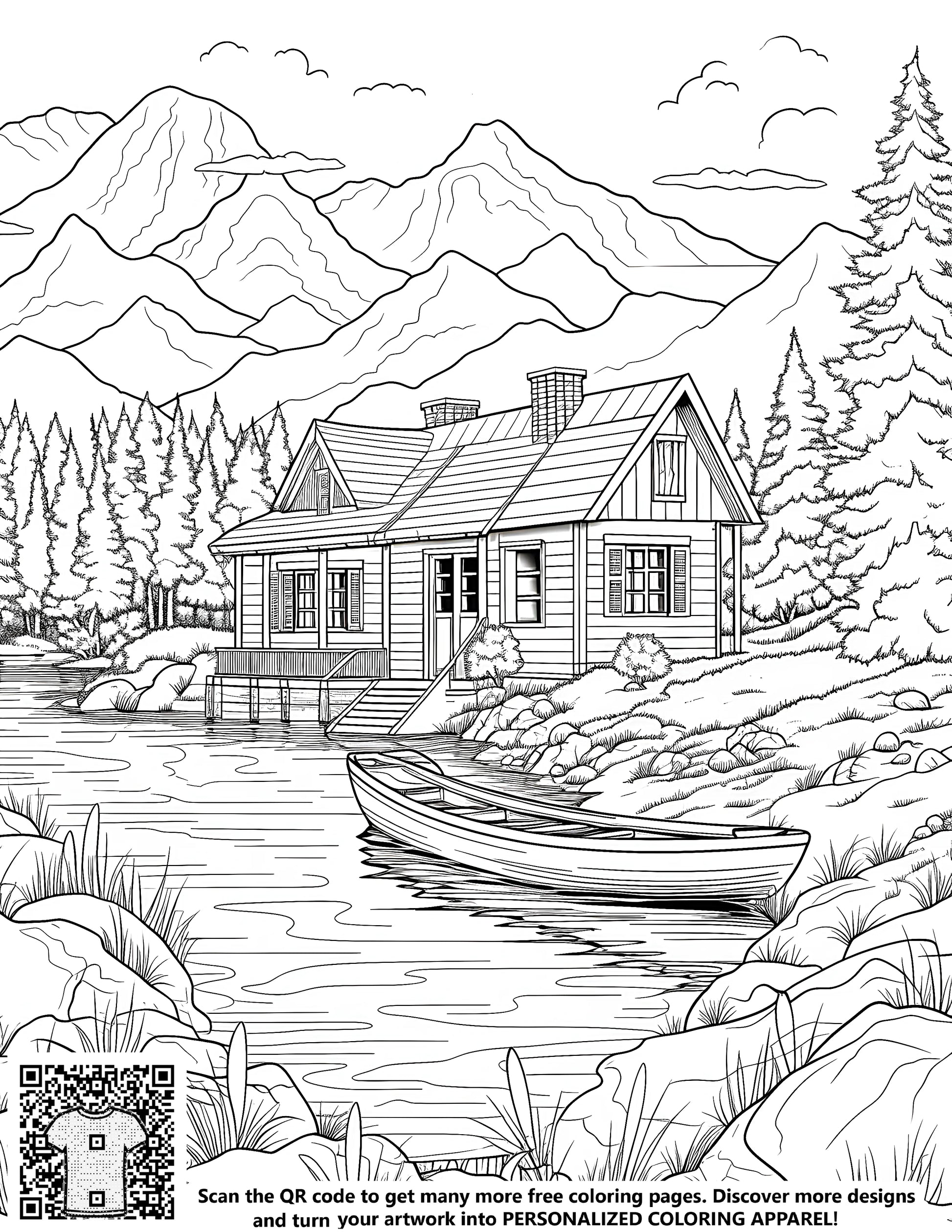 Mountain cabin scene coloring page with boat and nature elements for kids