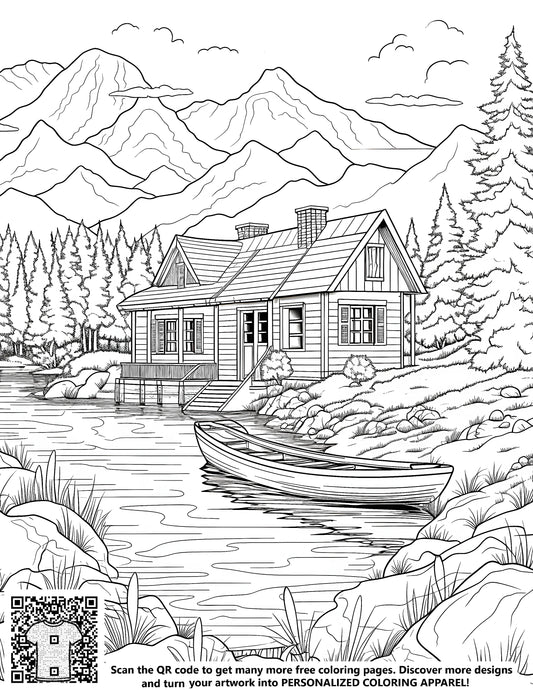 FREE Mountain House by River Coloring Page - Printable Nature Scene Download