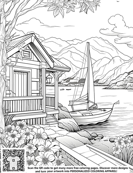 FREE Lake House Coloring Page with Sailboat and Mountains - Printable Download