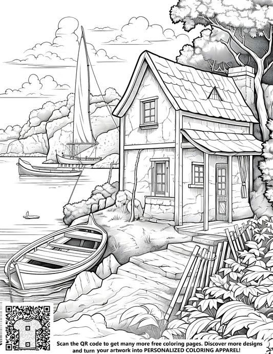 FREE Lakeside Cottage Coloring Page - Printable Download