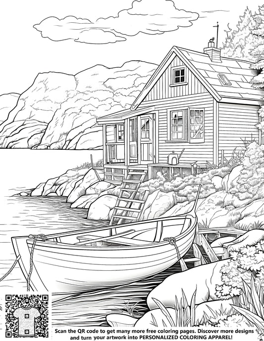 FREE Lakeside Cottage Coloring Page - Printable Nature Scene with Boat and Mountains