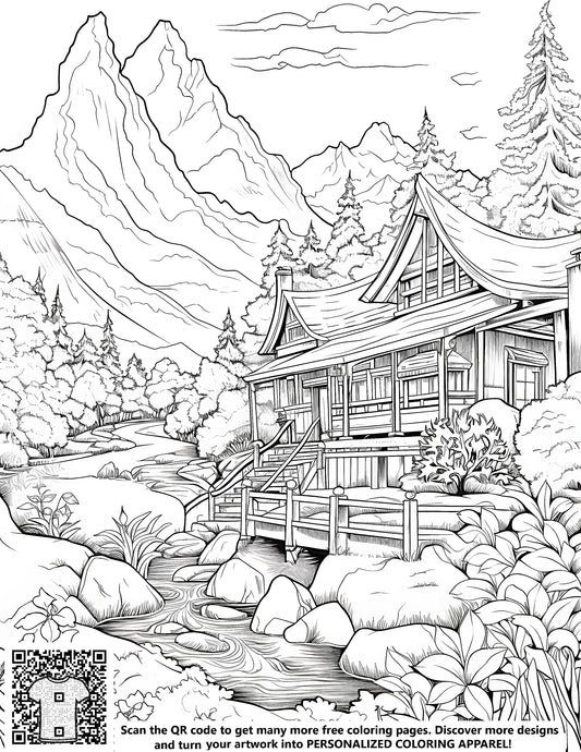 FREE Detailed Mountain Landscape Coloring Page - Japanese House, Stream & Trees - Printable Download