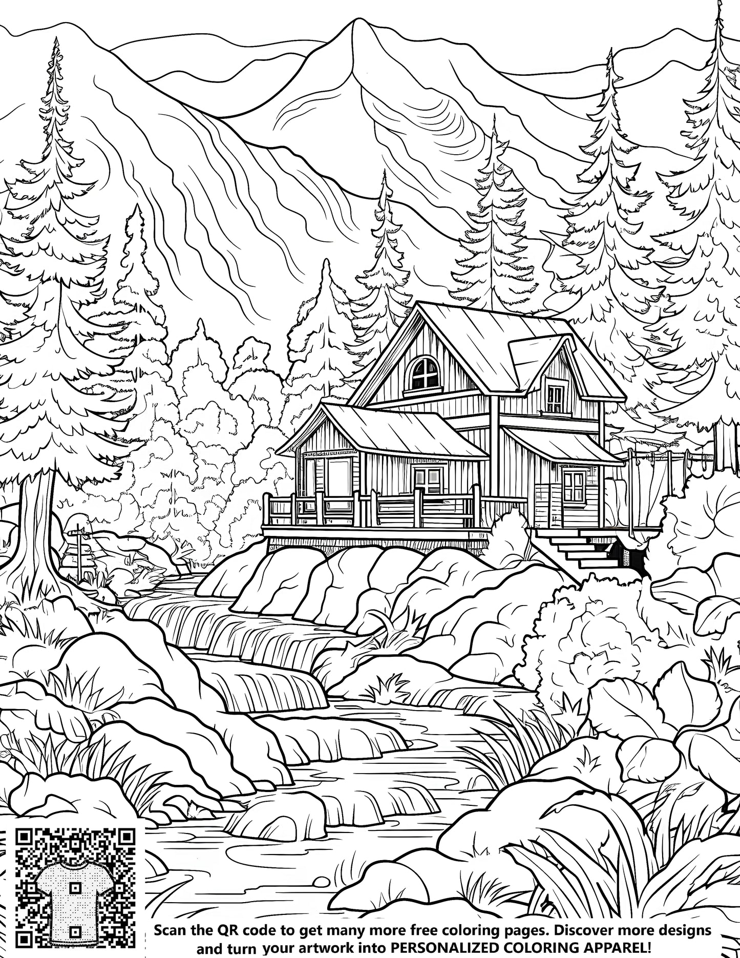 Mountain cabin illustration with a detailed line drawing of a house amidst trees, stream, and mountains in the background
