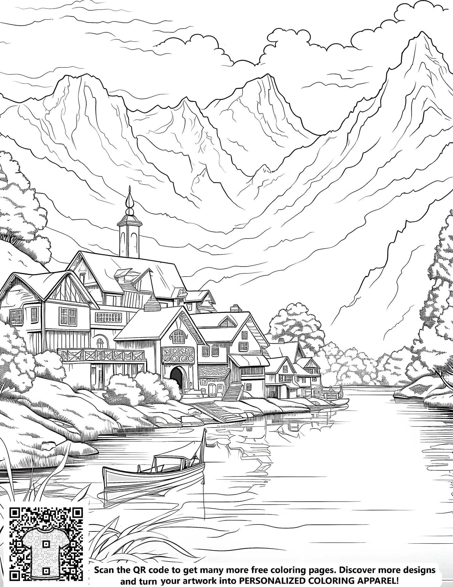 Coloring page of a tranquil mountain landscape with quaint houses, a church, and a boat on a calm lake