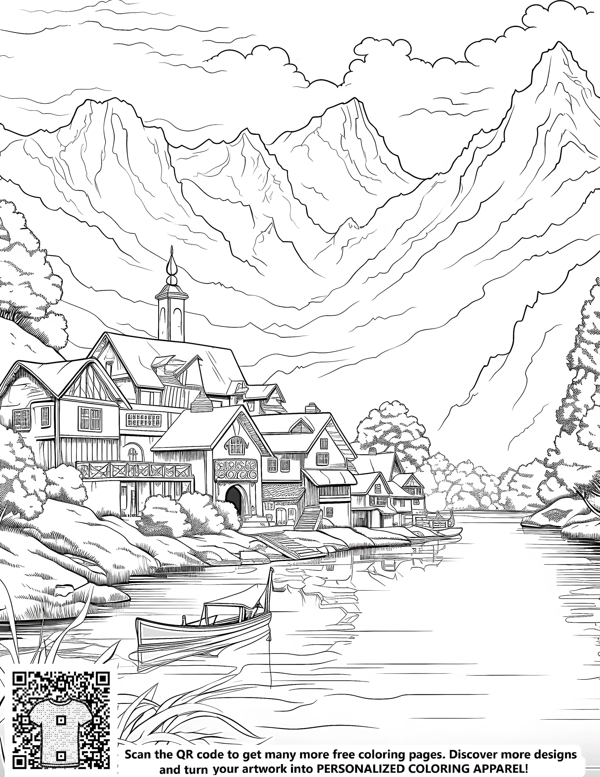 Coloring page of a tranquil mountain landscape with quaint houses, a church, and a boat on a calm lake