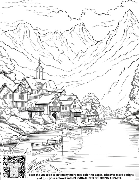 FREE Mountain Village Coloring Page - Download NOW