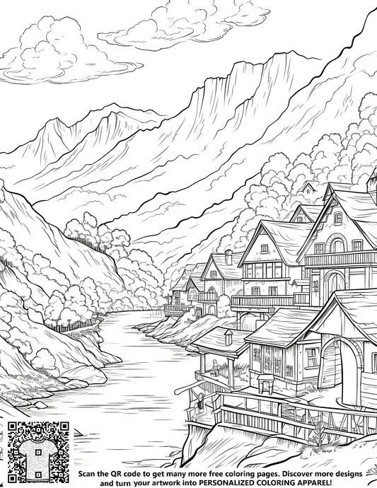 FREE Village by the River Coloring Page - Download NOW