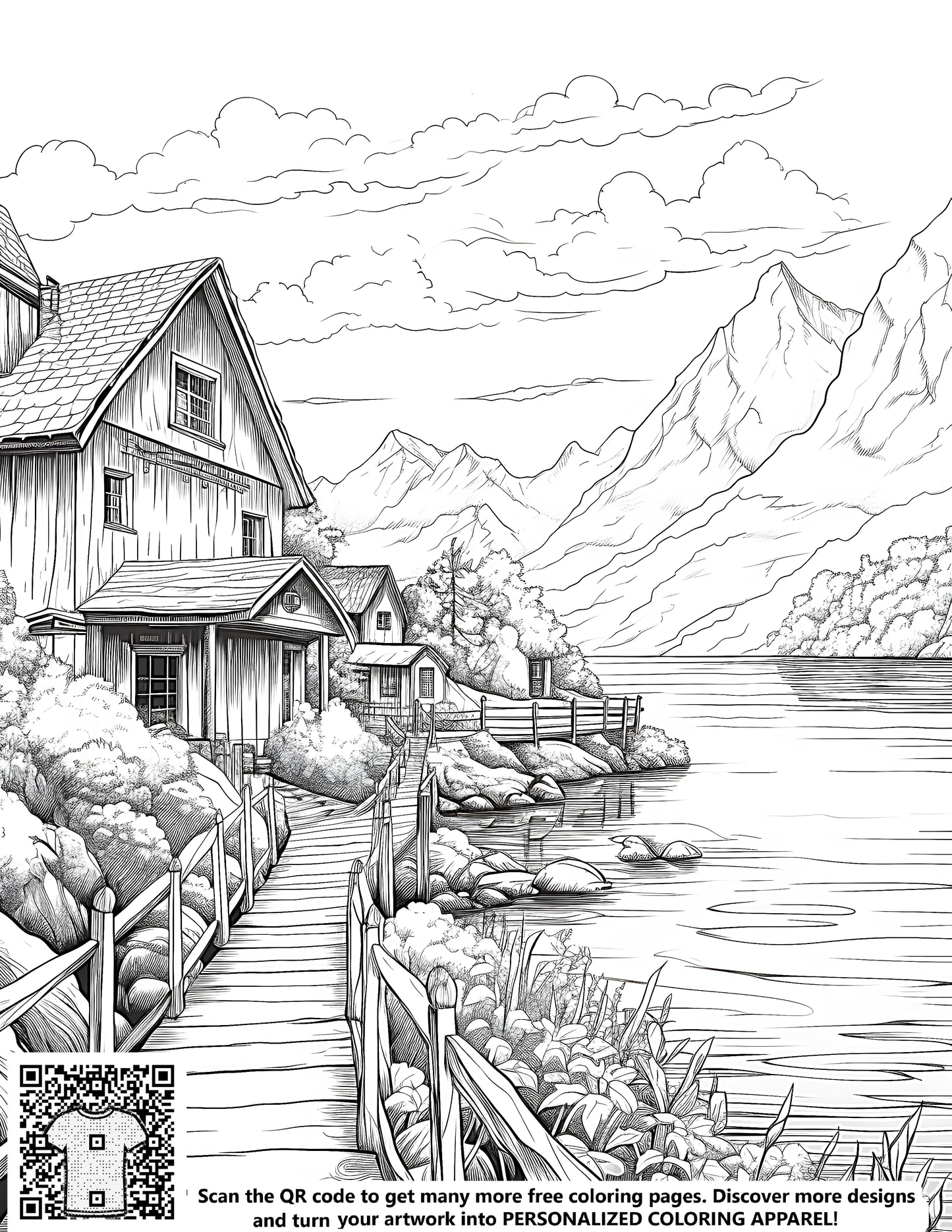 Countryside landscape illustration, serene village scene near lake, wooden path, mountains backdrop