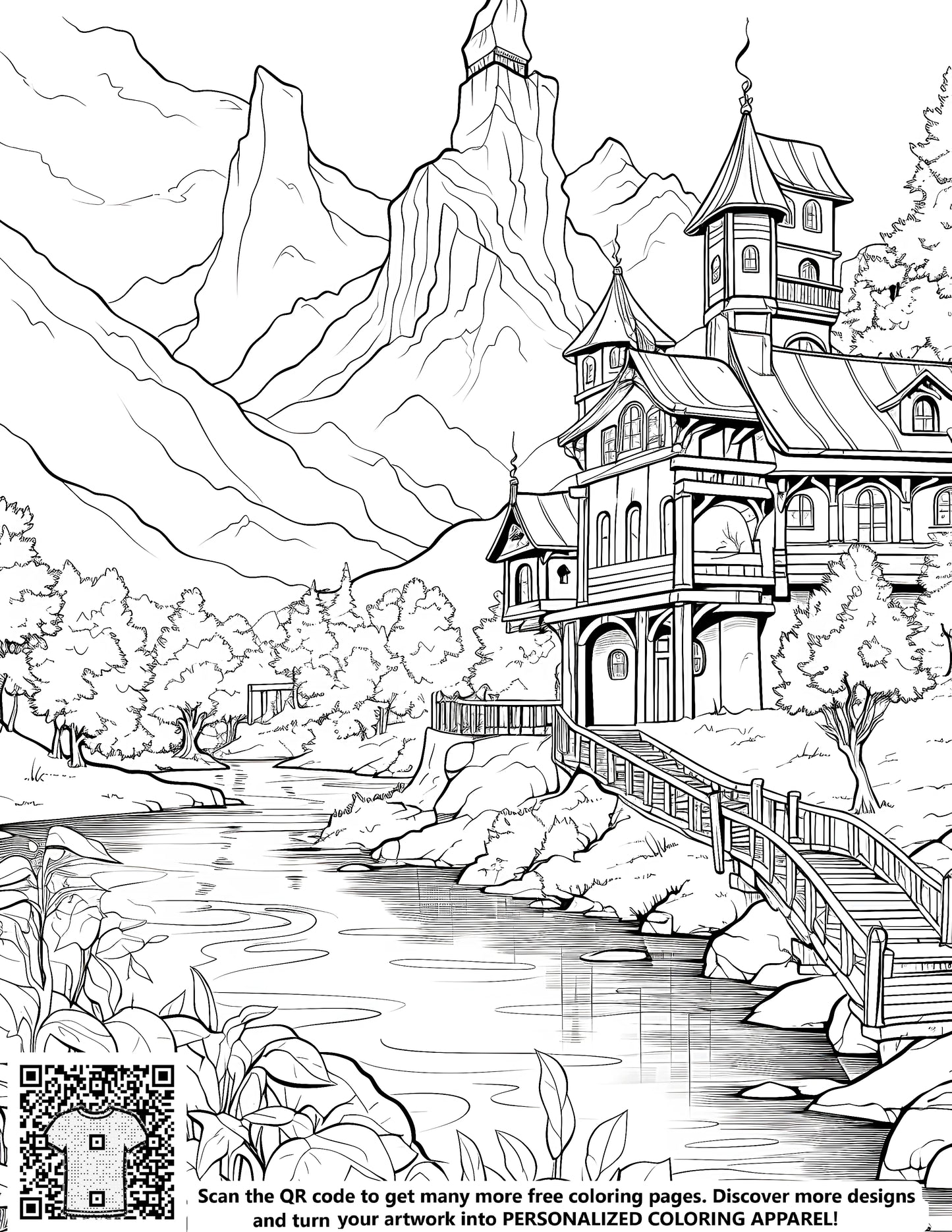 FREE Mountain Landscape Coloring Page - Printable Nature Scene with House and River