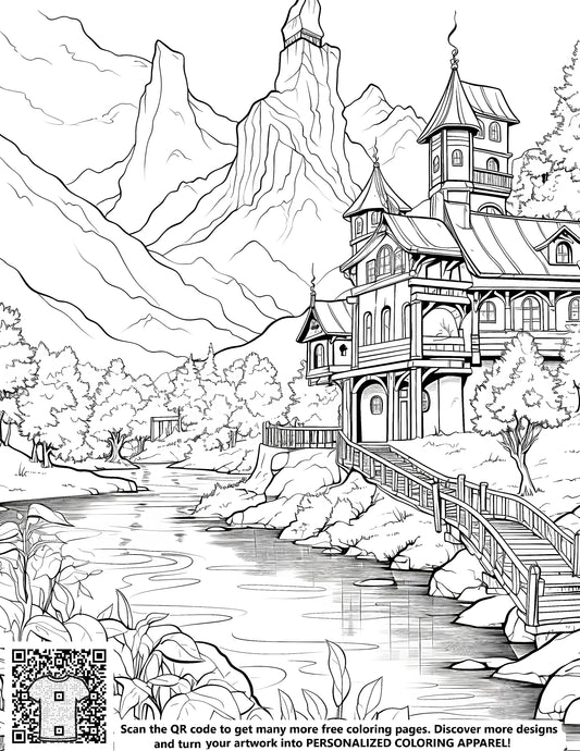 FREE Mountain Landscape Coloring Page - Printable Nature Scene with House and River