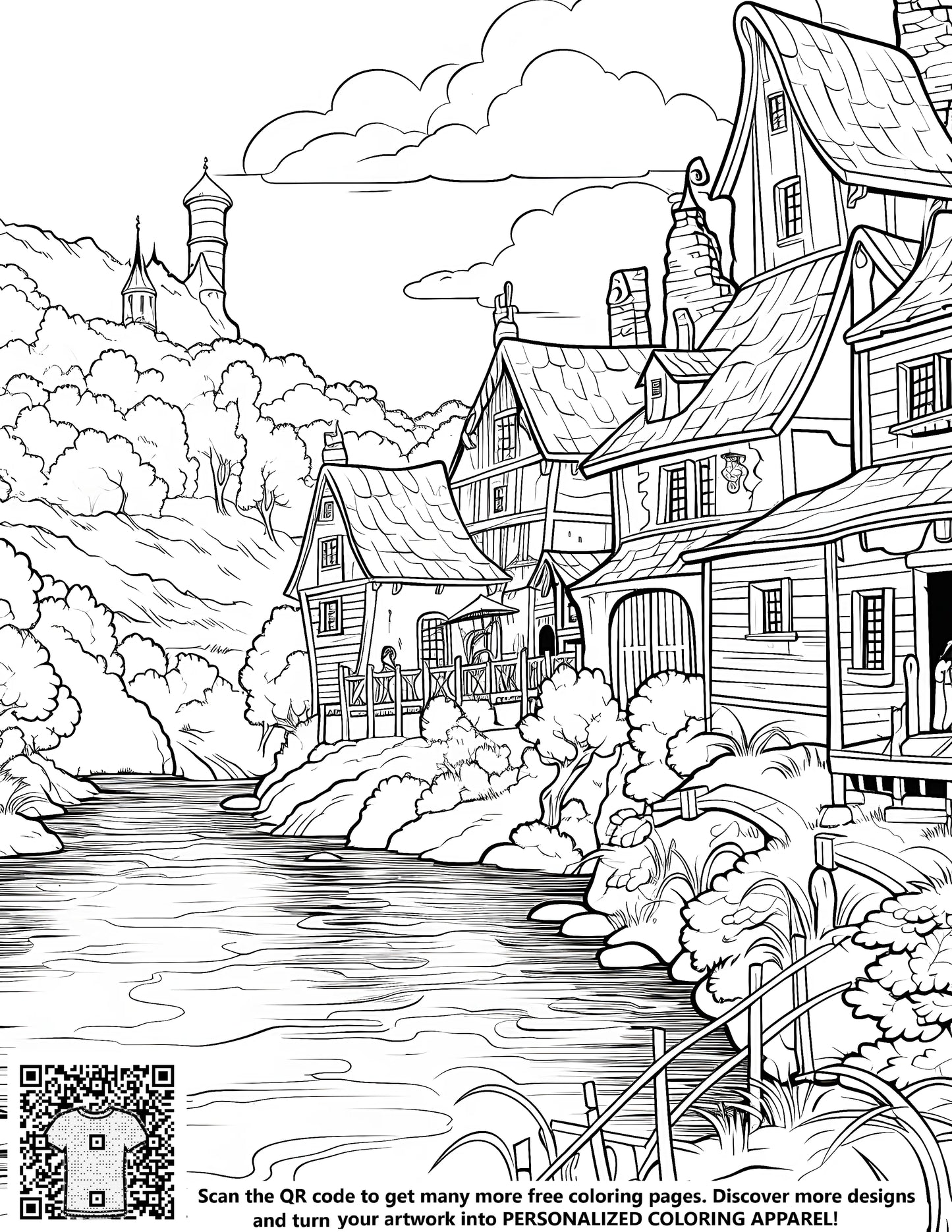 Coloring village scene near a calm river with trees and houses, detailed drawing for kids and adults
