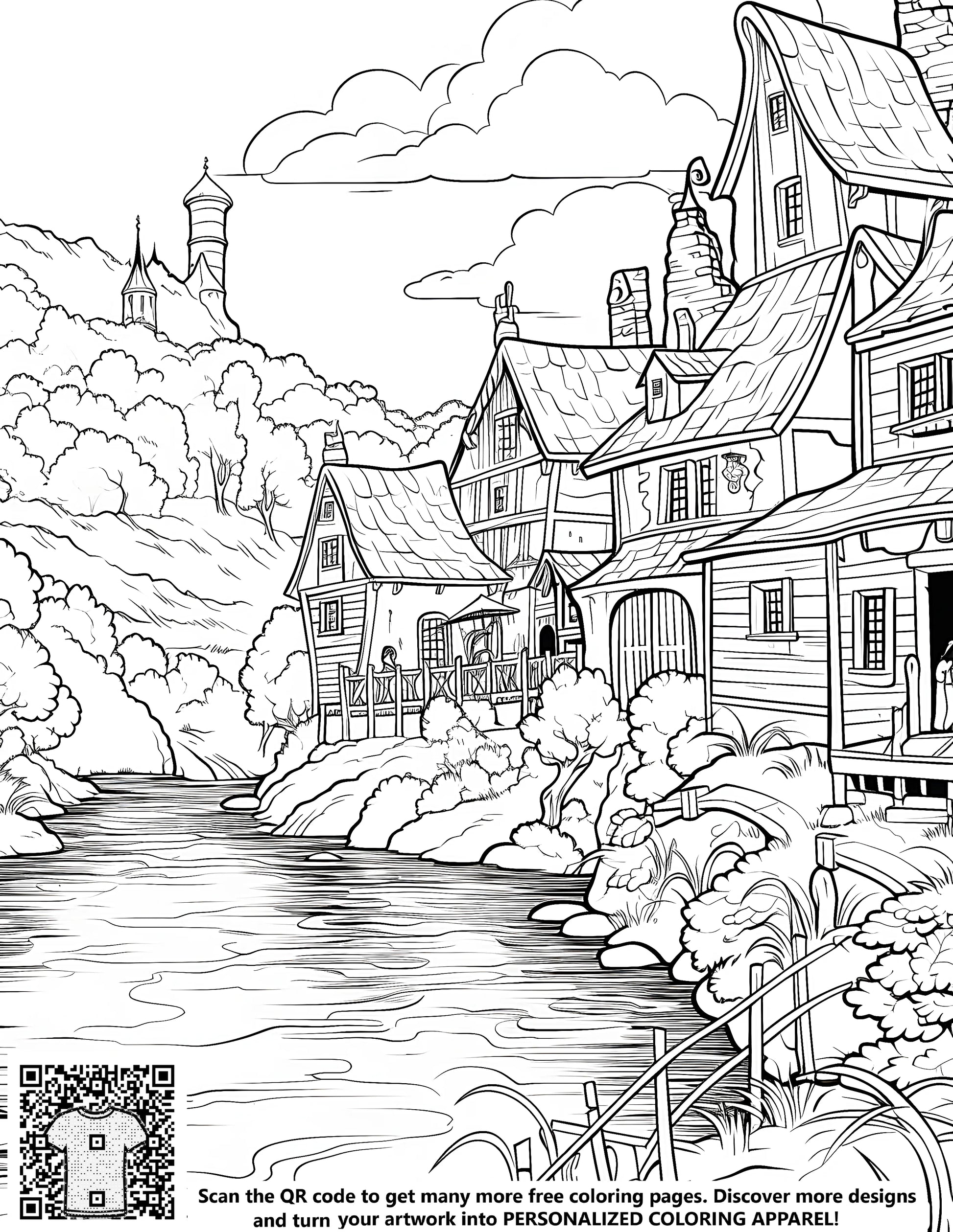 Coloring village scene near a calm river with trees and houses, detailed drawing for kids and adults