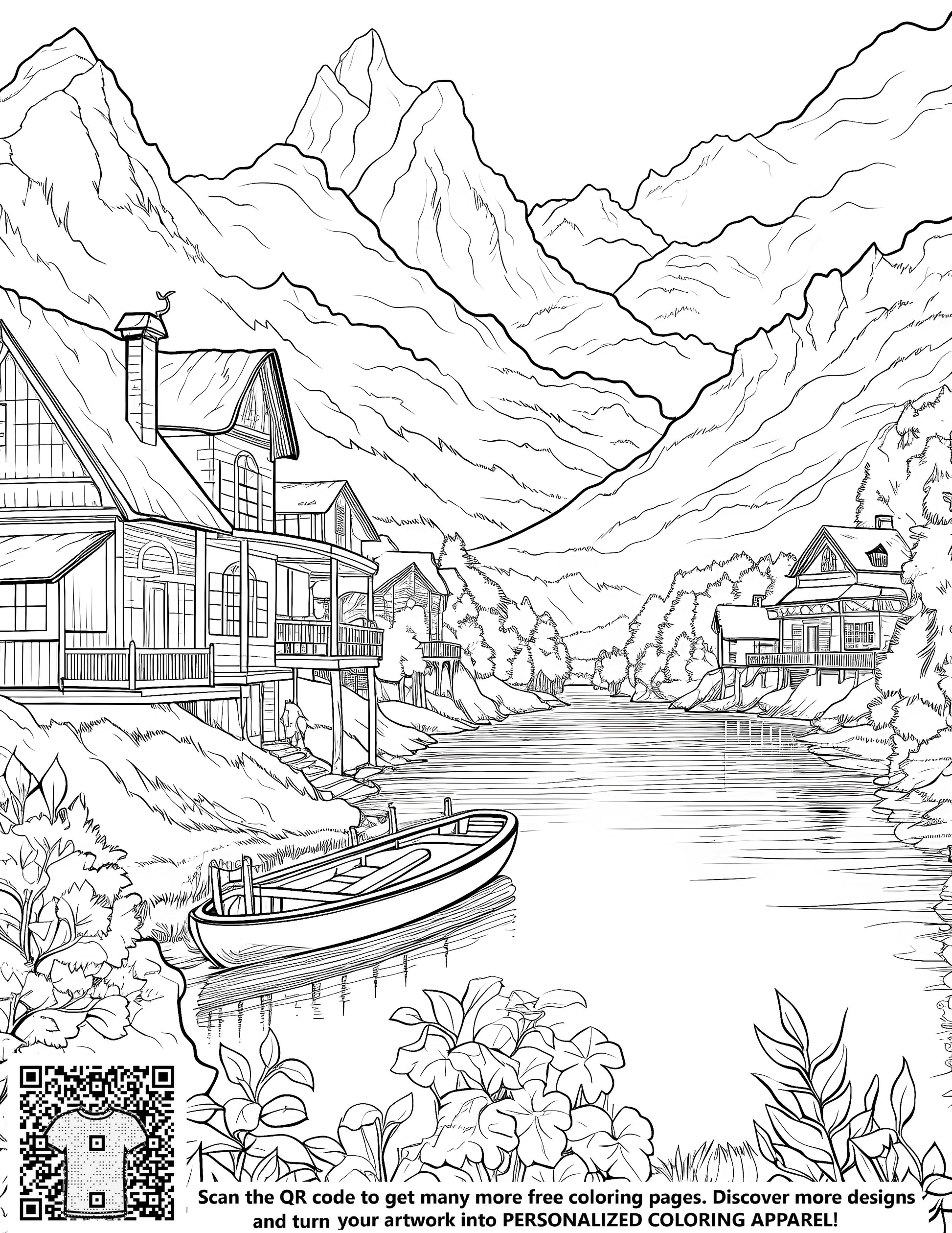 Free coloring page art of serene lake scene with houses, canoe, and nature