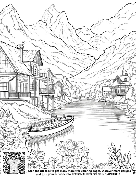 FREE Mountain Lake Coloring Page - Printable Serene Lake Scene with Canoe and Houses