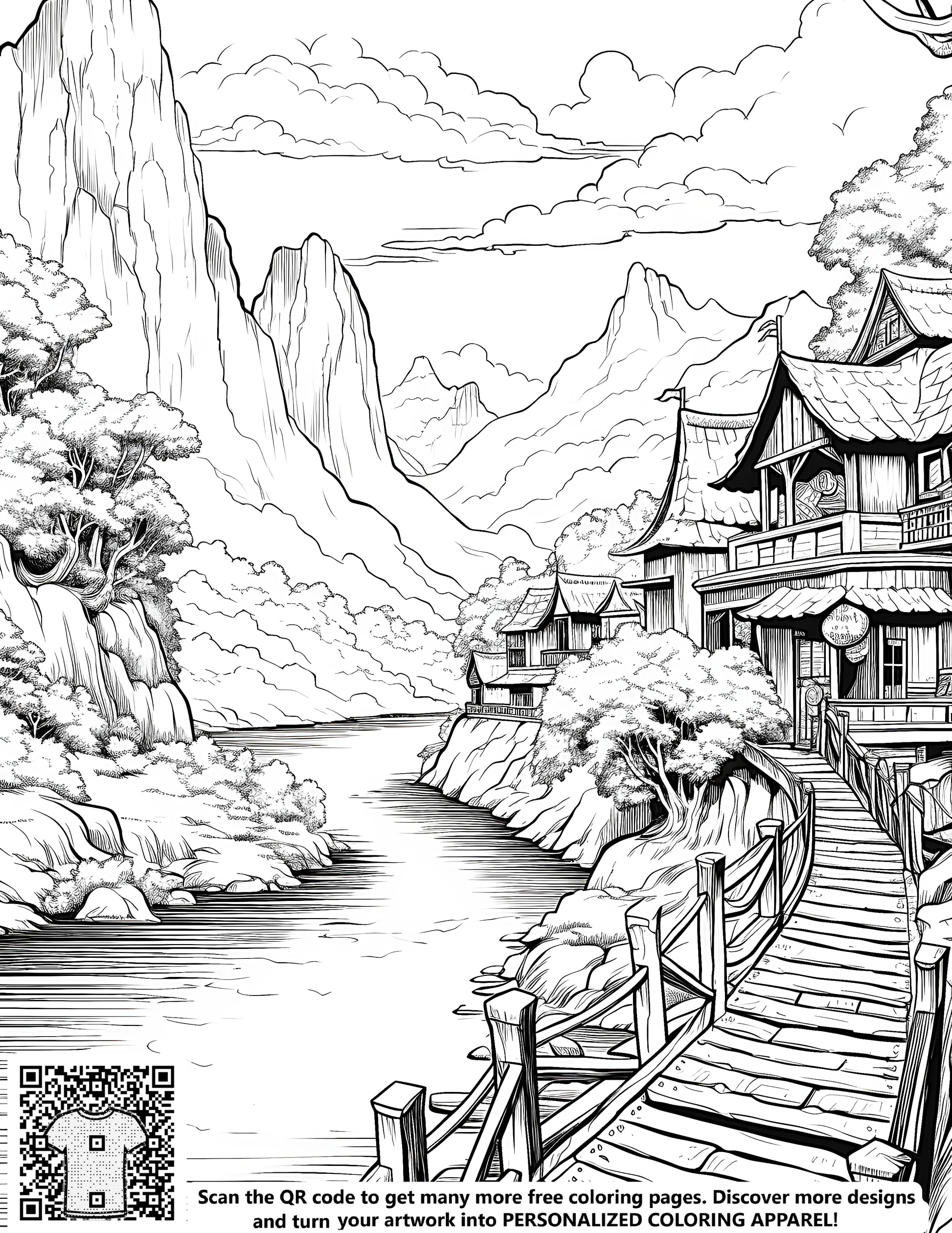 Free coloring page, detailed drawing of a rustic village scene, traditional town illustration with river, trees and wooden bridge
