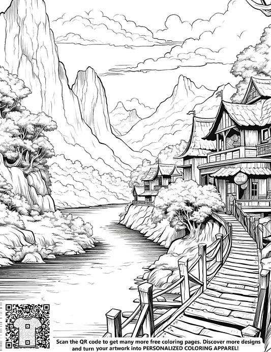 FREE Mountain Village Coloring Page - Printable Scenic Landscape with River and Trees