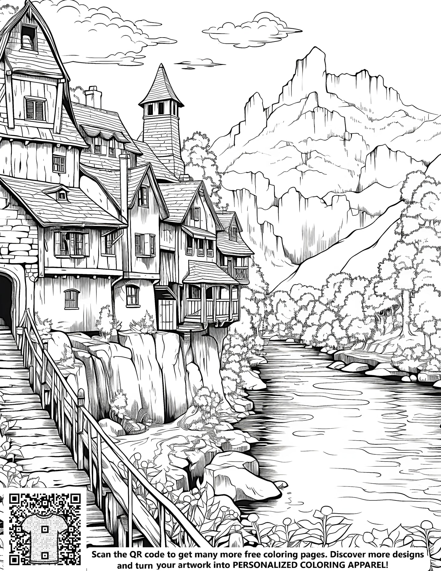 Serene mountain scene free coloring page with village houses, river and wooden bridge