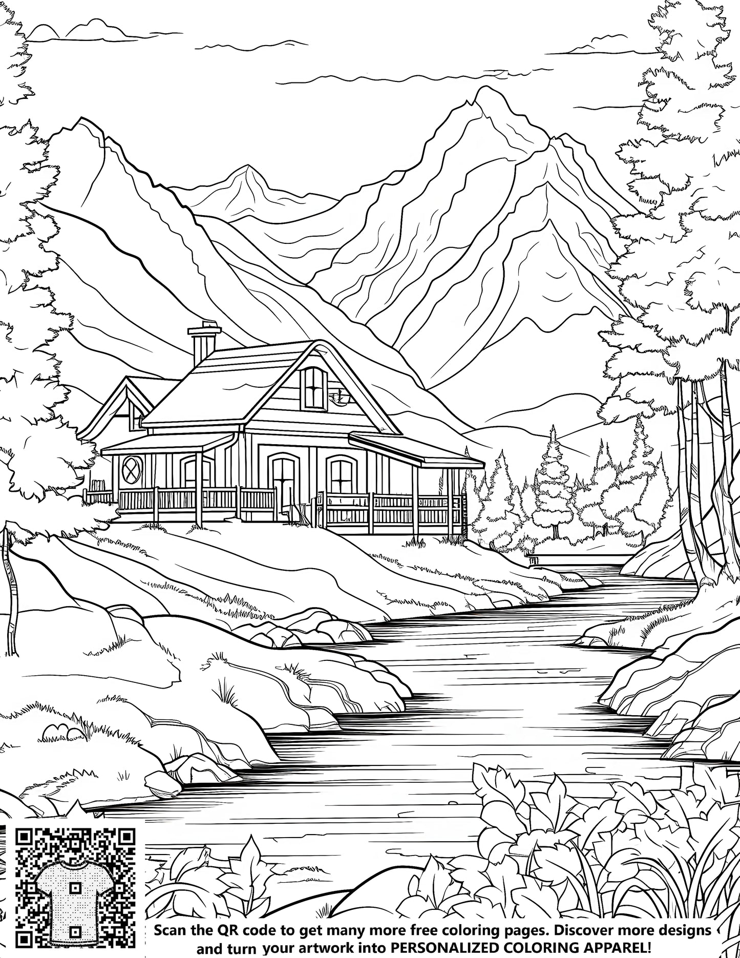 FREE Mountain Cabin Coloring Page - Printable Scenic River Landscape Download