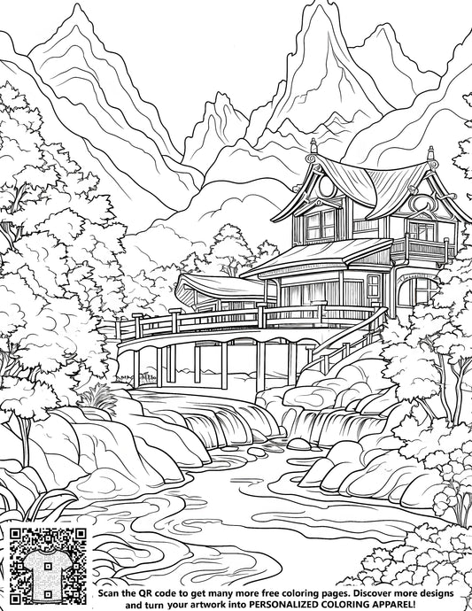 FREE Japanese Garden Coloring Page - Tranquil Scene with Traditional House, Bridge, and Mountains - Printable Download