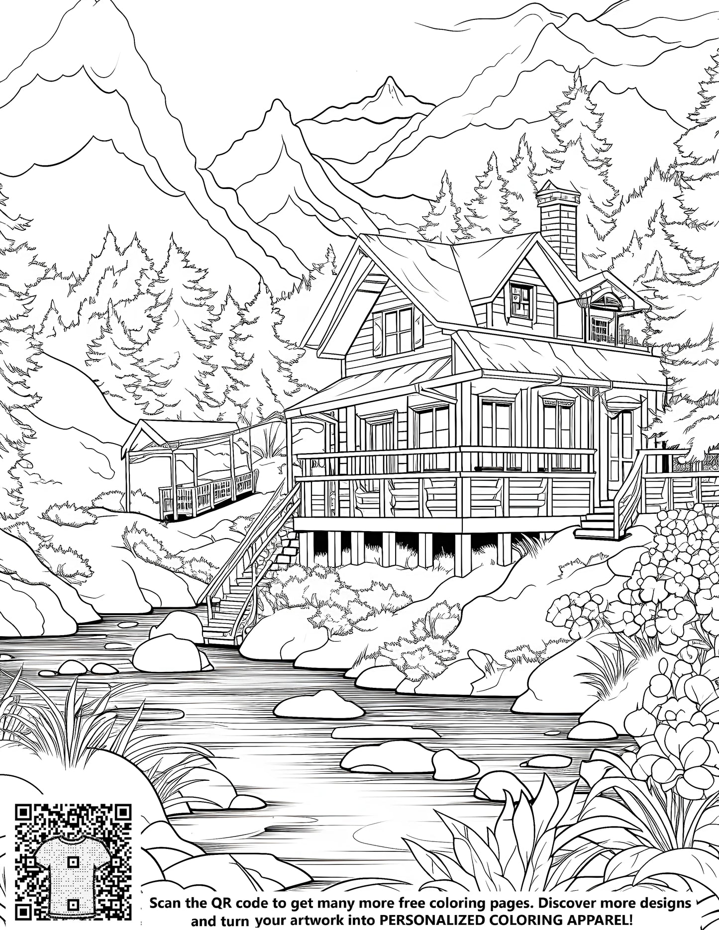 Coloring page illustration of a mountain chalet cabin beside a stream, surrounded by trees and mountains. Free coloring kit for adults.