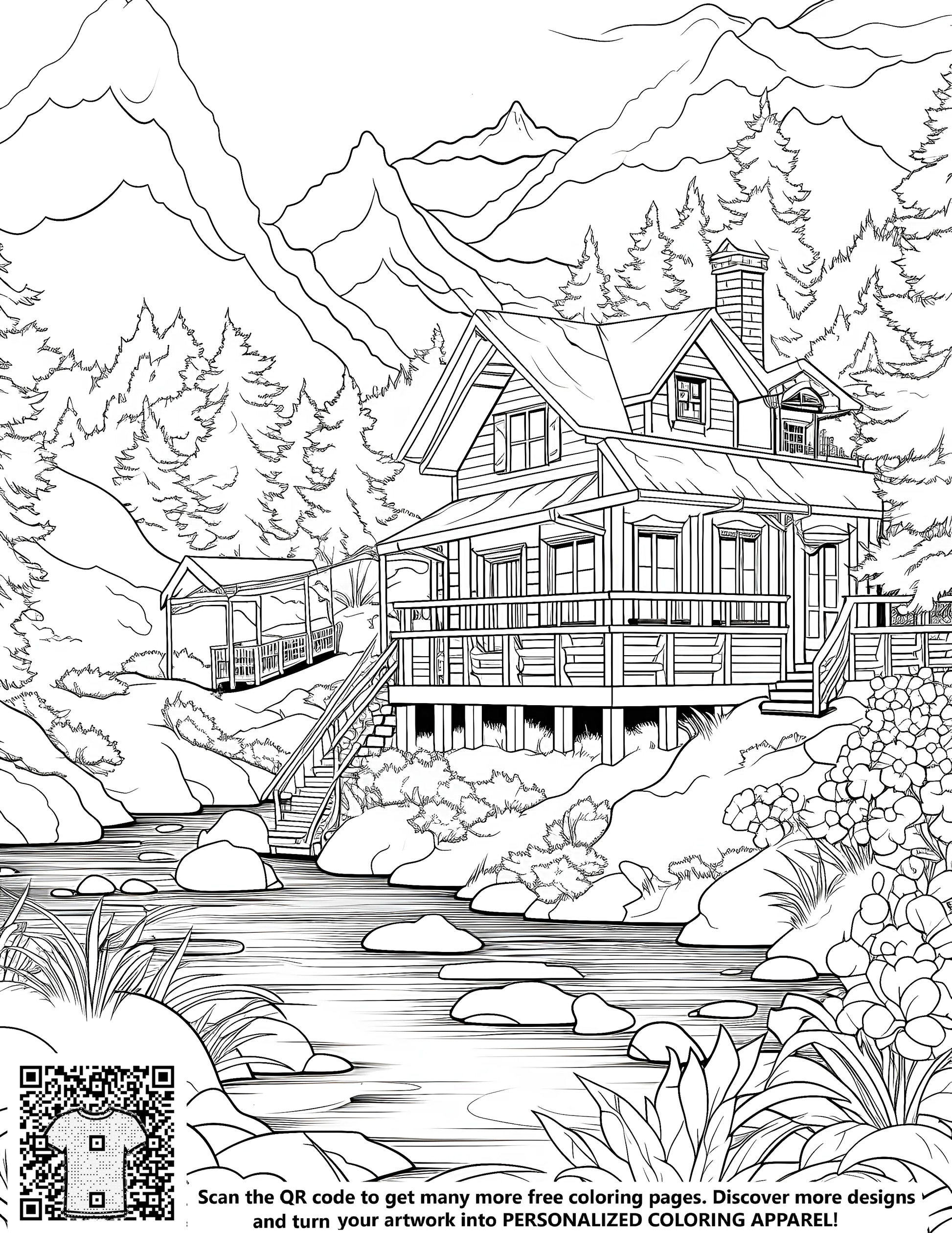 Coloring page illustration of a mountain chalet cabin beside a stream, surrounded by trees and mountains. Free coloring kit for adults.