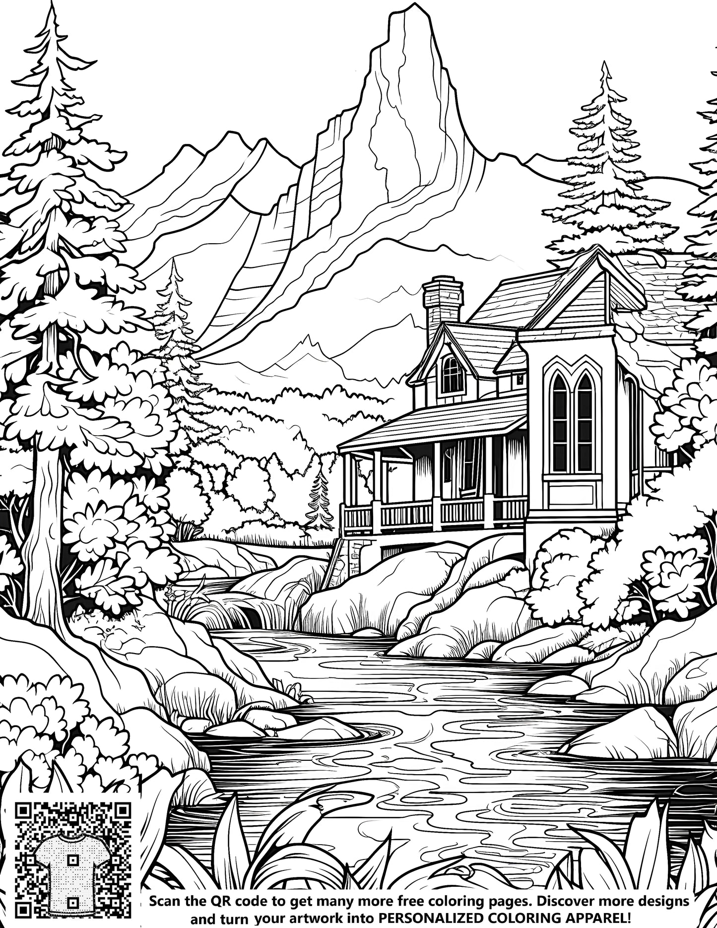 Detailed black and white illustration of a cozy cabin scene featuring a river, trees, and mountains, perfect for a free coloring page activity. Include 10 vibrant fabric markers for an immersive experience in art and creativity.