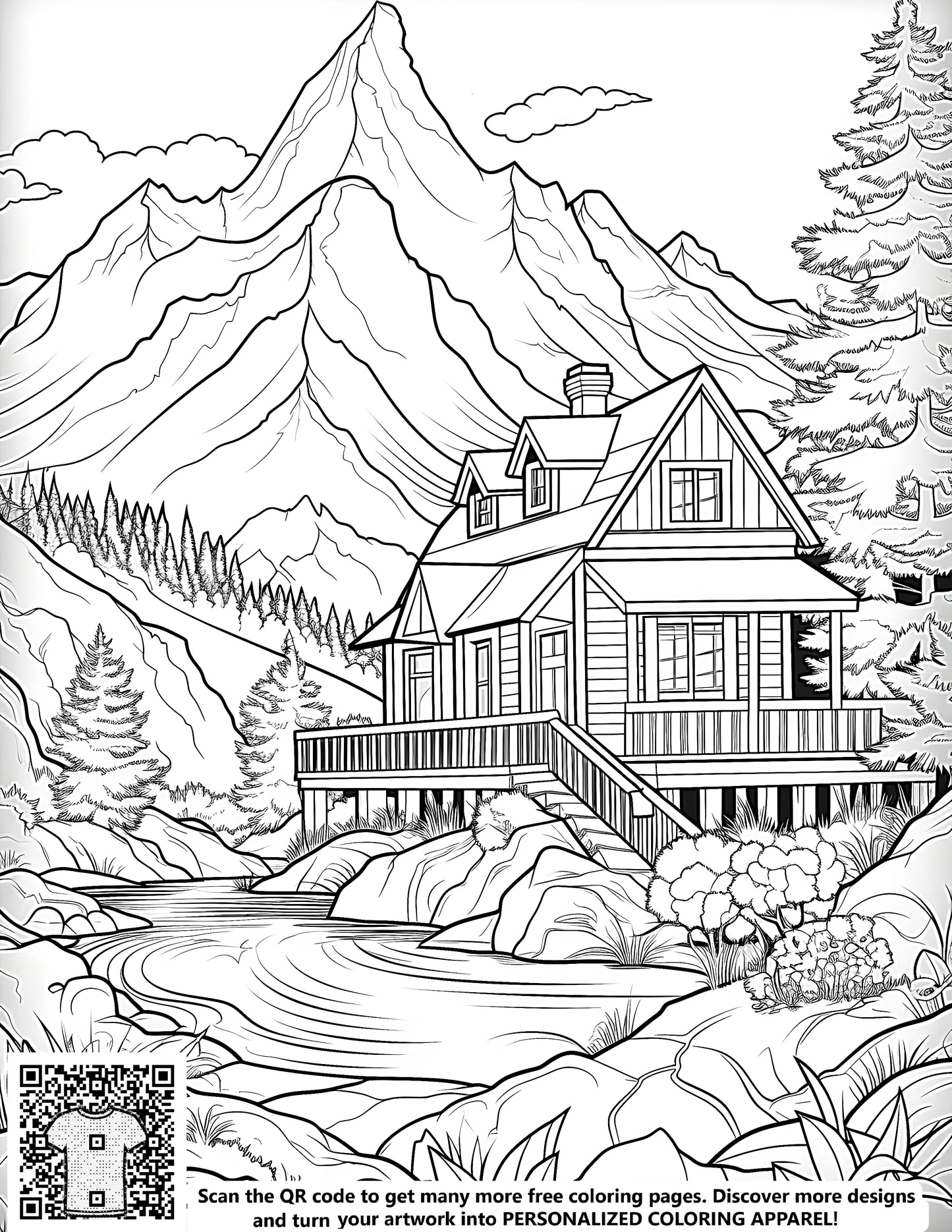 Coloring page of a cabin by river, surrounded by mountains and trees