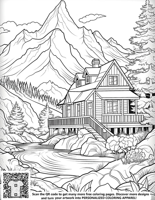 FREE Cabin by the River Coloring Page - Serene Nature Scene Printable