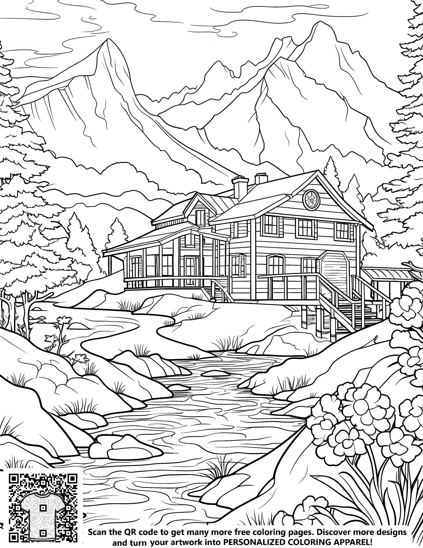 Countryside cabin landscape adult coloring page, detailed line art of a serene mountain scene, hills, trees, stream, flowers, relaxation, hobby, creativity