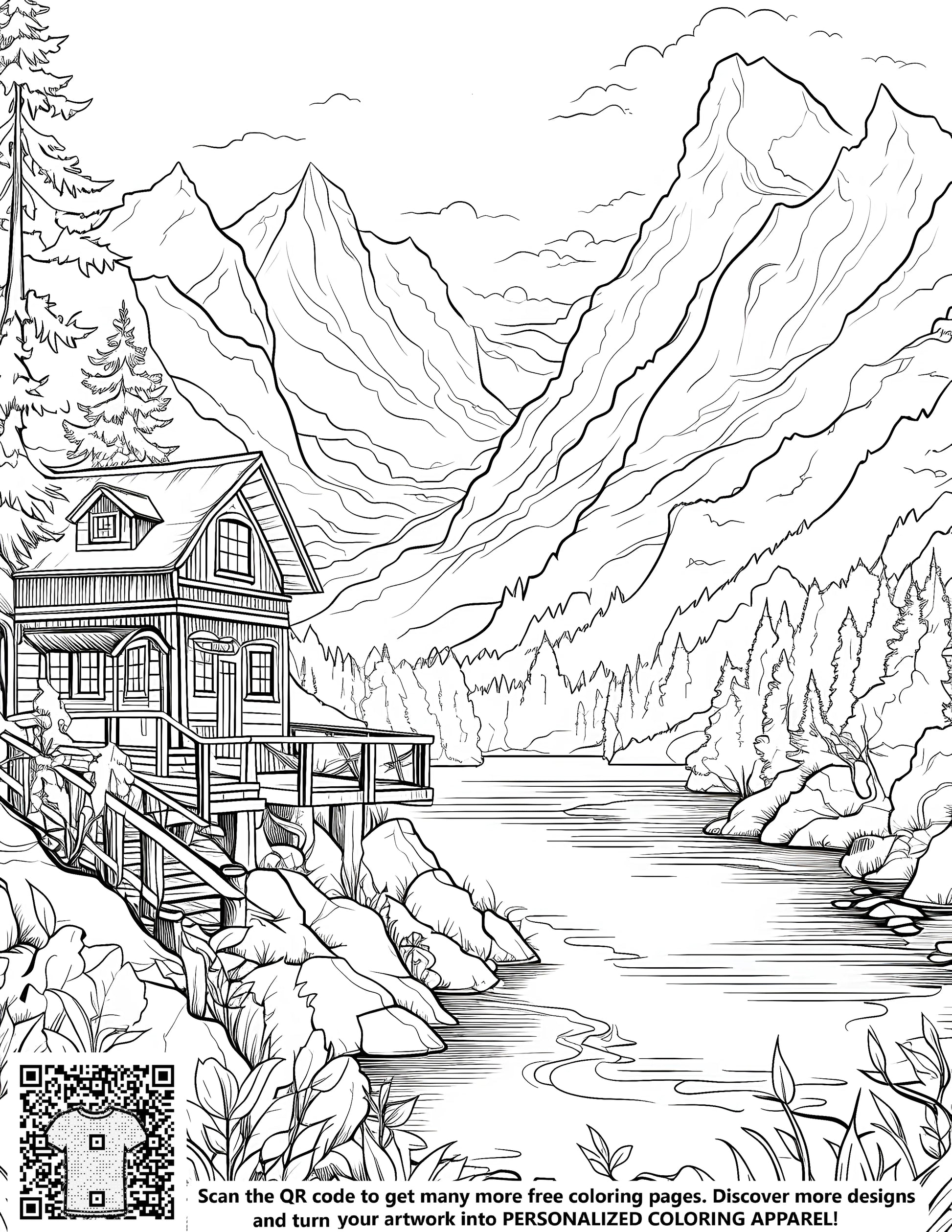 Detailed line drawing of a cabin by a lake surrounded by mountains and trees, ideal for adult coloring books