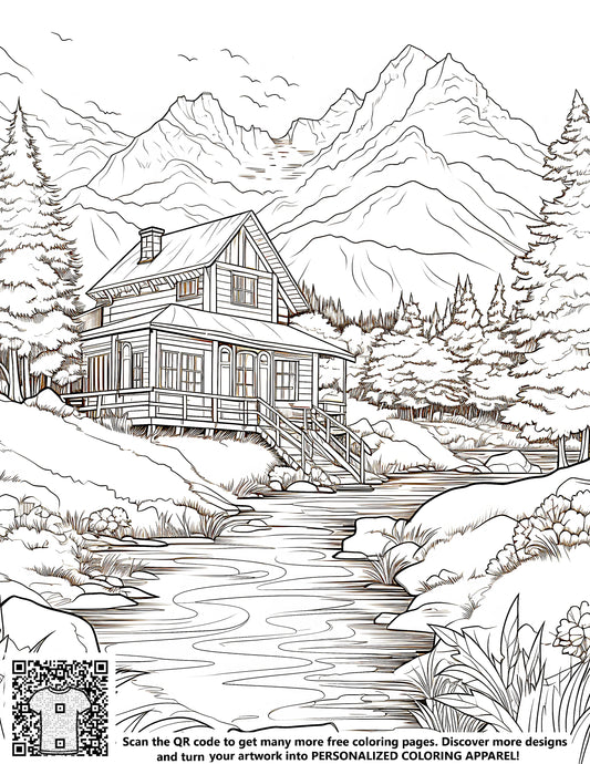 FREE Mountain Cabin Coloring Page - Detailed Line Art with River and Trees - Printable Download