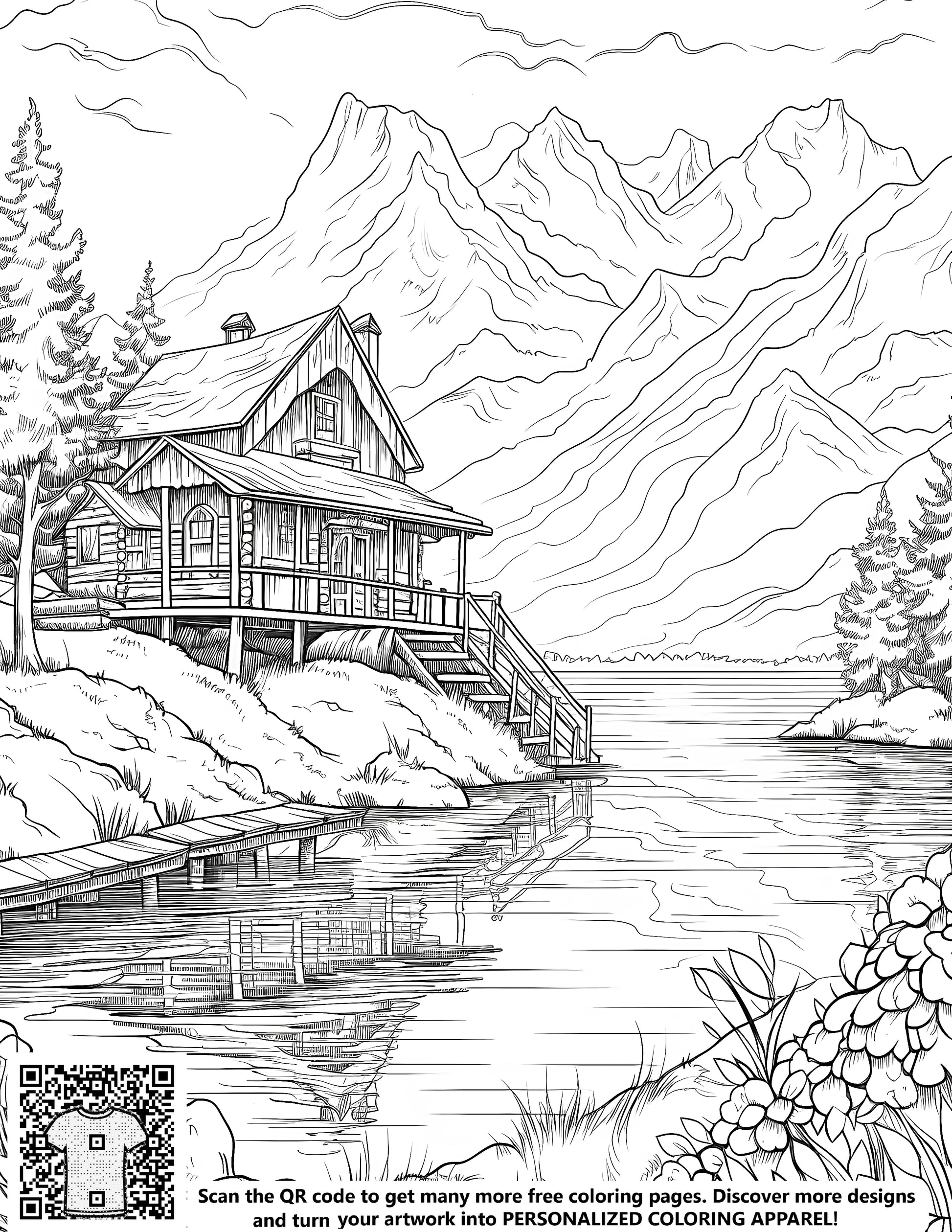 Detailed line art illustration of a cozy cabin scene near a serene lake with reflective waters, surrounded by lush green trees and vibrant flowers, perfect for adult coloring books and creative expression. Keywords: cabin design, mountain lodge, chalet drawing, free coloring page